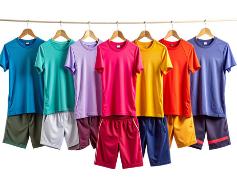 Set of Sportswear in vivid hues (jerseys, running shorts, yoga pants) clipped in sequ