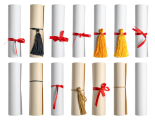 Set of Rolled diploma scroll with tassel lying flat on a pristine on transparent png   