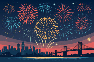 Fireworks Exploding Over City Skyline Bold Vecto Premium Digital Asset Great for Commercial Projects