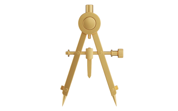 Golden drawing compass isolated on transparent background is a precision instrument used for drawing circles or arcs, measuring distances, and transferring measurements with accuracy
