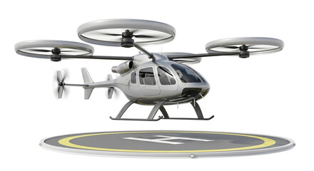 A futuristic air taxi hovers above a landing pad, ready for takeoff isolated on transparent background