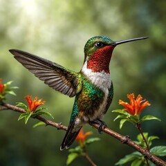 Fototapeta premium Realistic full-body hummingbird perched on a natural branch, surrounded by lush greenery. The bird showcases a vibrant mix of natural feather colors, with a clear background free of distractions.