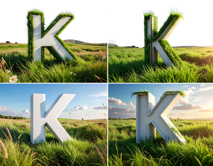Set of Real photo-style render of the letter K in bold 3D, partially embedded in a g