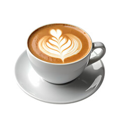 Cappuccino latte with intricate milk foam art served in a modern white ceramic cup isolated on transparent background