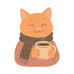Vector illustration of a cute orange cat wearing a warm scarf and holding a hot coffee mug. Cozy autumn and hygge concept, perfect for seasonal design, greeting cards, stickers