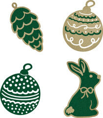 Vector watercolor illustration set of Christmas textile ornaments: golden bauble, rabbit, and pine cone