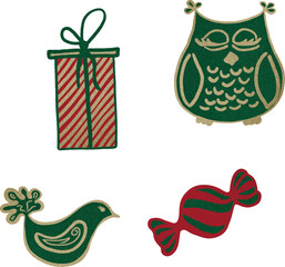 Vector watercolor illustration set of Christmas ornaments: owl, gift box, candy, and festive bird