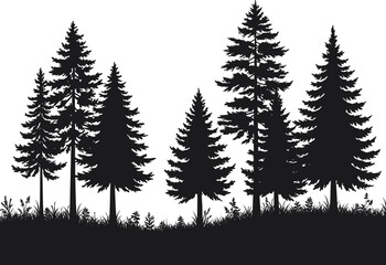 Coniferous Forest Silhouette with Grass &ndash; Black and White Vector Illustration for Nature, Landscape, and Environmental Concept Design Use