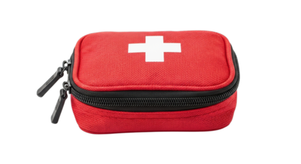Compact red first aid kit with white cross isolated on transparent background for emergencies