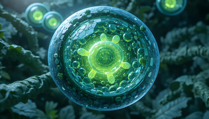 Captivating microscopic view of bioluminescent energy spheres and cellular structures, representing innovation and future science breakthroughs.