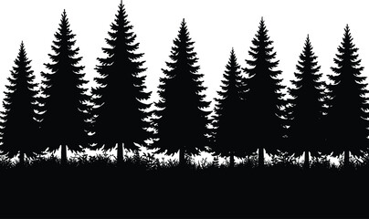 Fototapeta premium Dense Forest Silhouette with Grass and Underbrush – Black and White Vector for Nature, Landscape, and Environmental Design Use