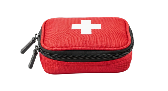 Compact red first aid kit with white cross isolated on transparent background for emergencies