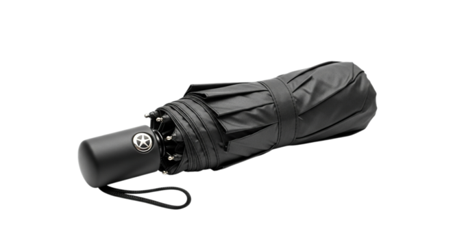 Closed black umbrella isolated on transparent background, perfect for rainy days and protection from sun