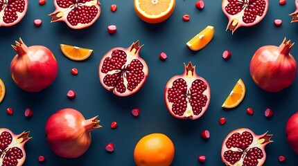 Fresh pomegranates and oranges flat lay background healthy eating fruit diet food photography backdrop image