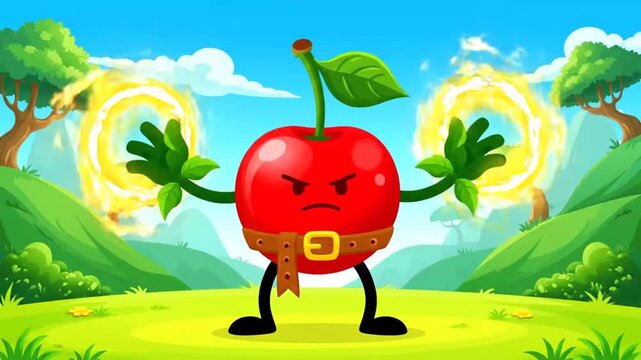 Cartoon apple character fighting