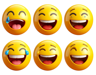 Set of Photorealistic emoji with a bright yellow face and teary eyes from laughing,
