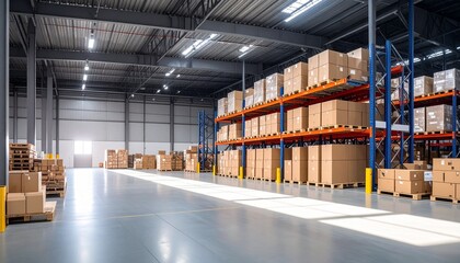 Obraz premium Warehouse storage scene, boxes and pallets stacked on shelves