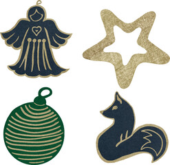 Vector watercolor illustration set of Christmas ornaments: fox, golden star, angel, and bauble in festive fabric style