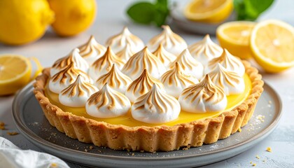 A delicious lemon meringue tart with golden peaks, offering a delightful blend of flavors and textures