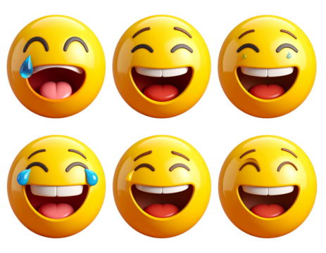 Set of Photorealistic emoji with a bright yellow face and teary eyes from laughing,  