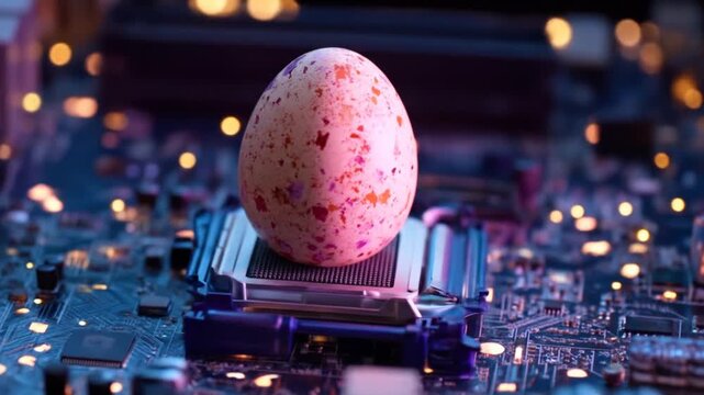 Egg on computer motherboard symbolizing technology and growth
