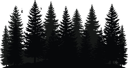 Obraz premium Layered Pine Forest Silhouette on Hill – Black and White Vector Illustration for Nature, Landscape, and Environmental Concept Design Use