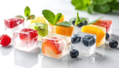Colorful fruit ice cubes on a surface