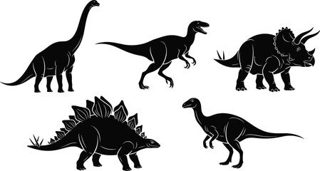 Silhouettes of Five Dinosaur Species – Vector Prehistoric Illustration Featuring Brachiosaurus, Velociraptor, Triceratops, Stegosaurus, and Iguanodon © Sharon Creatives