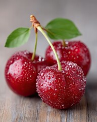 Close Up Shot Of Fresh Red Cherries With Water Droplets On Weathered Wooden Surface
