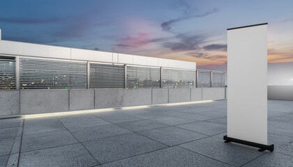 Blank White Roll-Up Banner on Rooftop Terrace at Sunset with Concrete Building