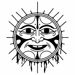 Minimilist stylized sun face with rays and dripping elements in black and white line art illustration style design vector