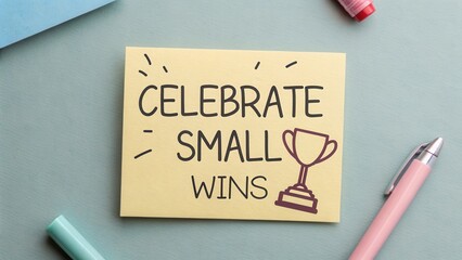 Yellow Card with Celebrate Small Wins Text and Trophy