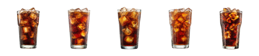 Refreshing Cola Drink with Ice Cubes in a Tall Glass, Perfect for Refreshment and Celebration PNG set Transparent backround