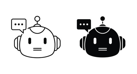 Obraz premium Vector illustration of vector art of two cute robot head icons, one with outline and one solid, featuring a speech bubble for chatbot or virtual assistant concepts