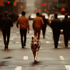 wolf confidently strides through busy urban street, surrounded by pedestrians. scene captures unique contrast between nature and city life, evoking sense of intrigue and wonder