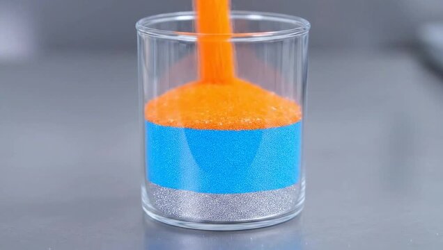 Glistening Silver Micro-Granules Pouring into Clear Glass Beaker, Creating a Foundation in a Detailed Timelapse Shot