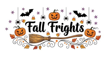 Fototapeta premium Festive Halloween Illustration with Pumpkins, Bats, Spiders and 'Fall Frights' Text