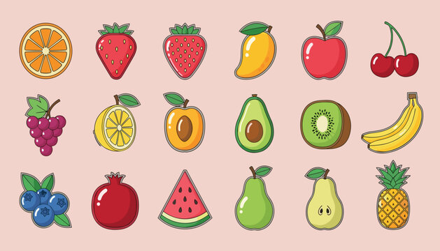 Vector art of a vibrant collection of assorted fruits, including oranges, strawberries, mangoes, apples, cherries, grapes, lemons, apricots, avocados, kiwis, bananas, blueberries, pomegranates, waterm