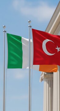 Italian and Turkish Flags in Front of Building.