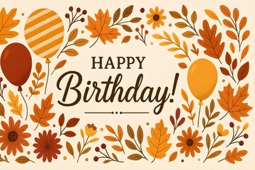 Autumn birthday celebration card with floral elements, balloons, and warm, inviting handwritten typography