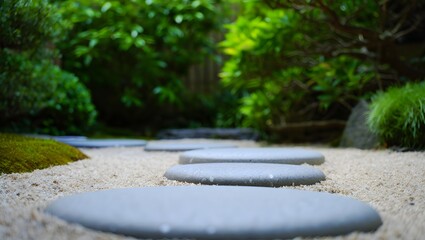 Zen garden path with round stones and gravel leading into lush greenery view 90 chr