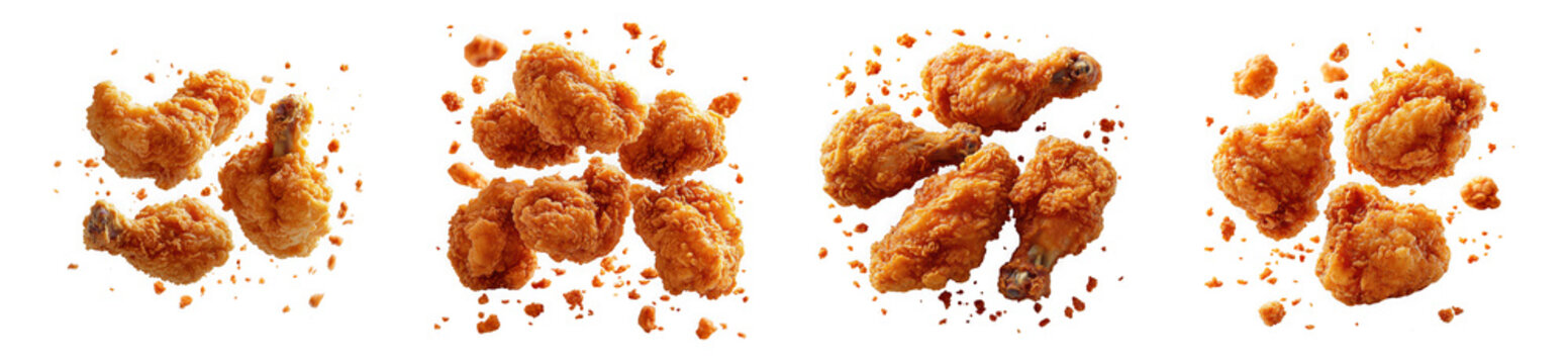 Overhead shot displaying a tempting assortment of crispy fried chicken pieces, each boasting a goldenbrown crust and appetizing appearance isolated on transparent background