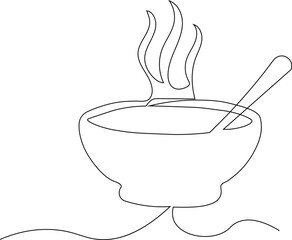 One line drawing of steaming bowl with spoon minimalist food outline vector