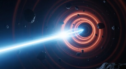 Obraz premium Science Fiction A powerful blue energy beam pierces a glowing red cosmic vortex, surrounded by asteroids, representing advanced space travel and cosmic mysteries
