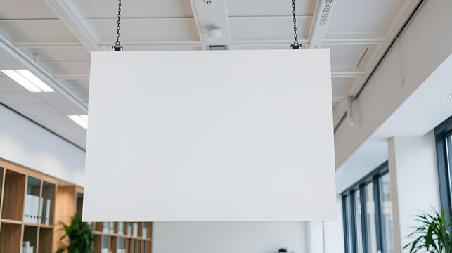 Large blank sign hanging indoors, perfect for advertising or informational displays within an office or commercial space setting