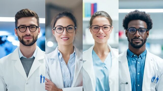 Team of Healthcare Professionals: A diverse team of healthcare professionals, each wearing eyeglasses and lab coats, poses confidently against a soft background