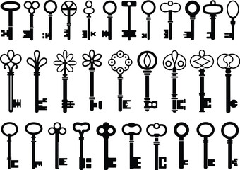 antique design, ornate patterns, classic shapes, decorative keys, heart bow, clover motif, retro style, silhouette, lock concept, key collection, old-fashioned, metal keys, unique design,