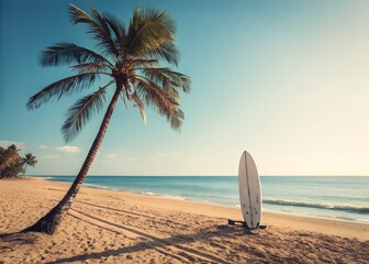 Surfboard standing on a sandy beach with a palm tree at sunset