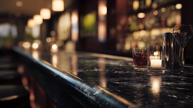 Elegant bar counter scene with a drink and candle set in a dimly lit sophisticated atmosphere with soft ambient lighting - Powered by Adobe