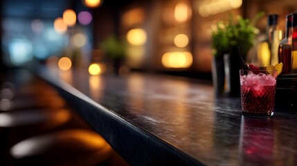 A dimly lit bar counter showcases a vibrant red cocktail with ice and garnish set against a blurred background of warm bokeh lights